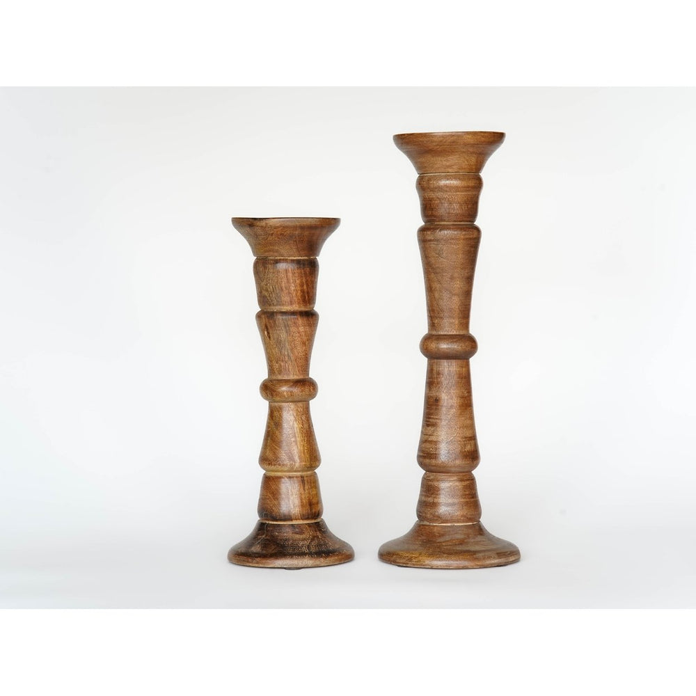 Eco-friendly Handmade Mango Wood Pillar Candle Holders Set of 2 Medium Burnt Image 2