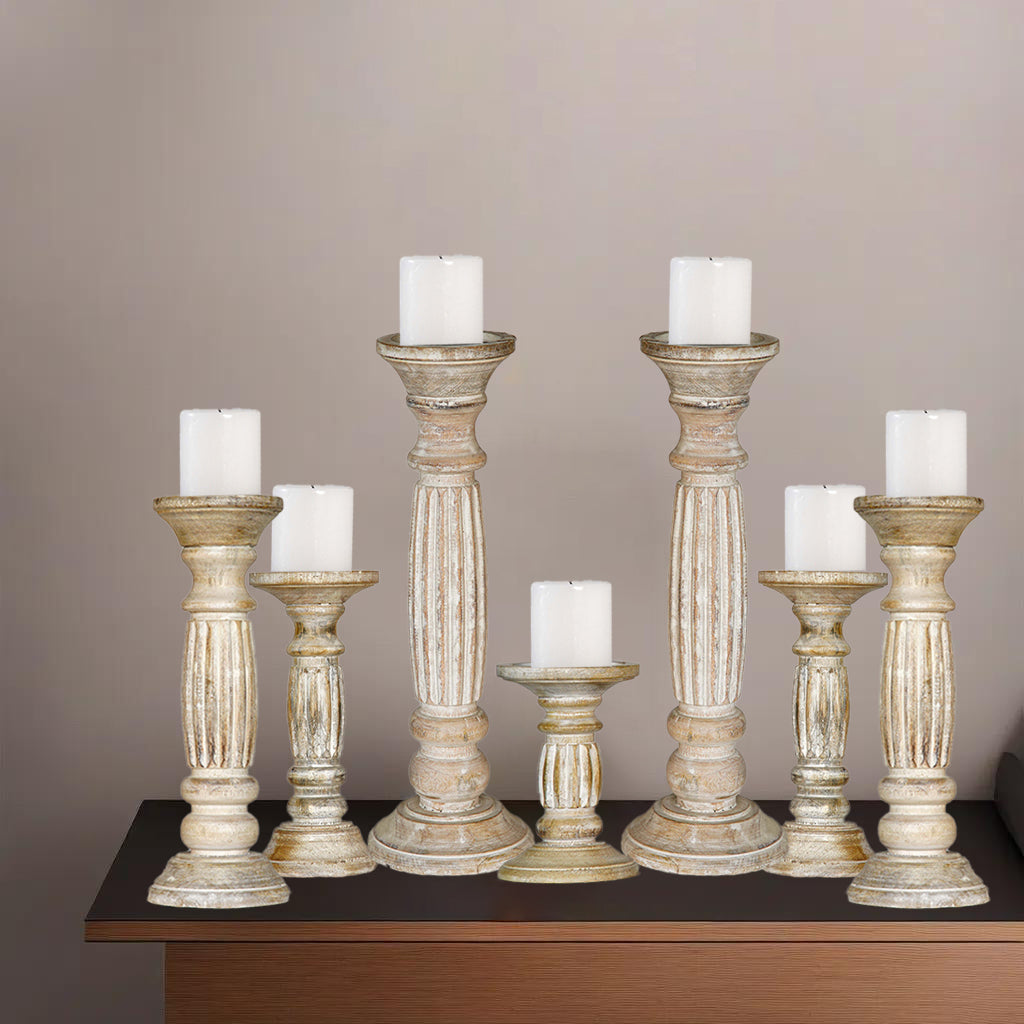 Antique White Handmade Mango Wood Pillar Candle Holder Set of 7 Eco-friendly Image 6