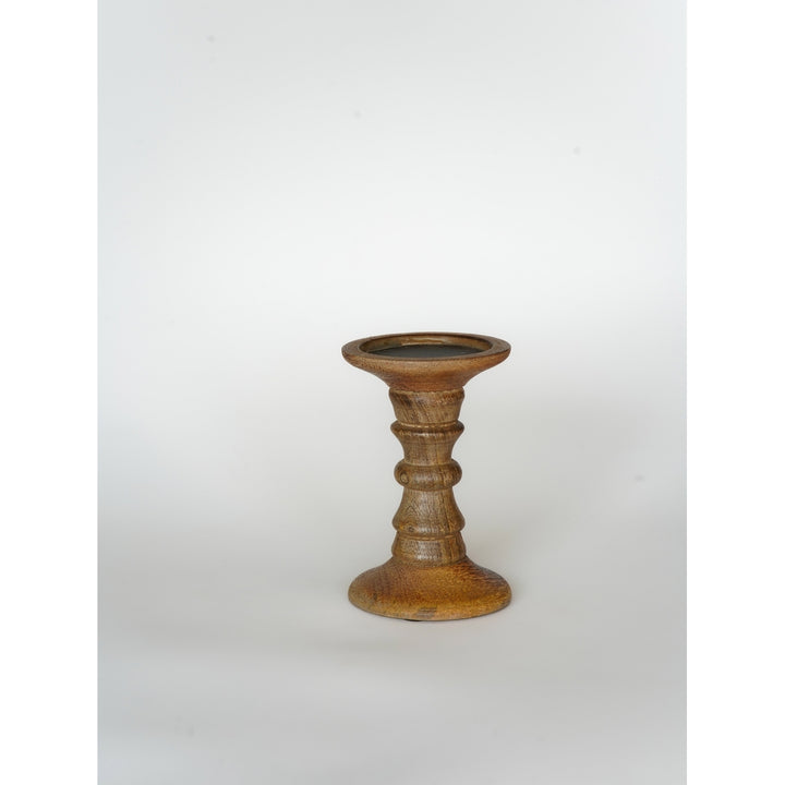 Handmade Mango Wood Pillar Candle Holder Eco-Friendly Walnut Color Image 3