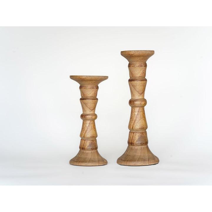 Handmade Mango Wood Pillar Candle Holders Set of 2 Eco-Friendly Walnut Color Image 7