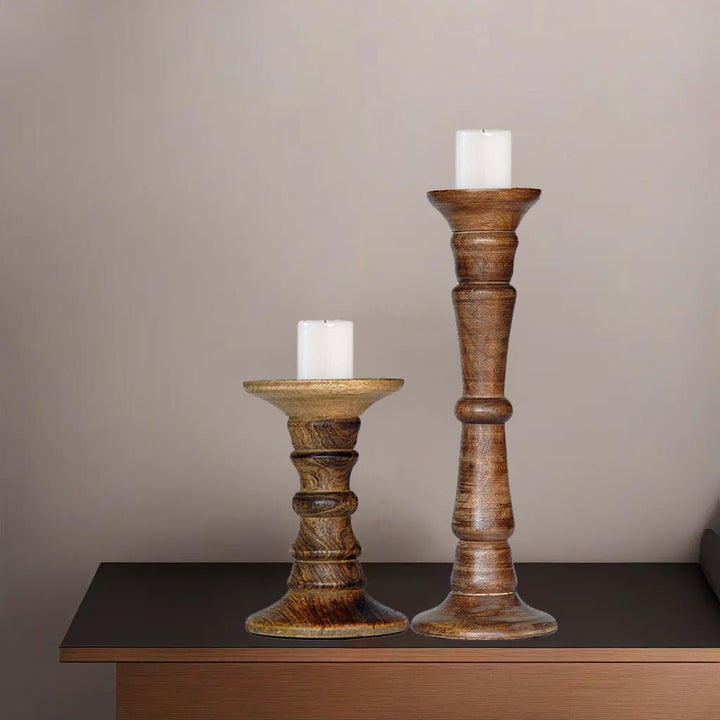 Eco-friendly Handmade Mango Wood Pillar Candle Holders Set of 2 Medium Burnt Image 9