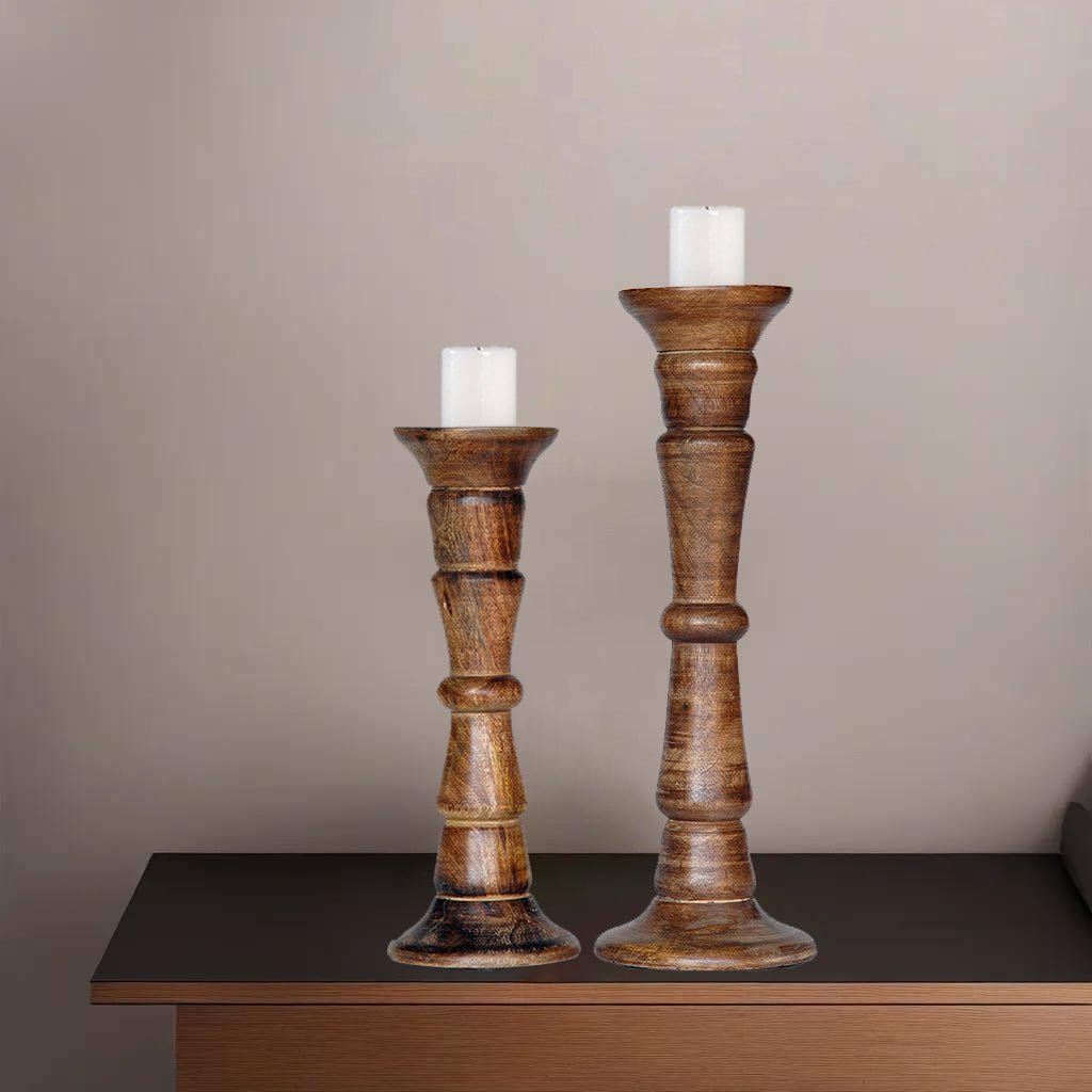 Eco-friendly Handmade Mango Wood Pillar Candle Holders Set of 2 Medium Burnt Image 12