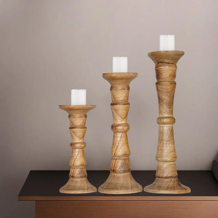 Walnut Mango Wood Set of 3 Eco-Friendly Handmade Pillar Candle Holders Image 2