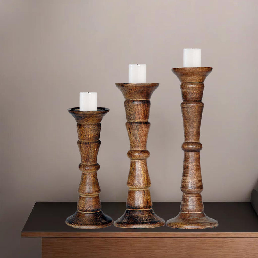 Eco-Friendly Handmade Mango Wood Pillar Candle Holder Set of 3 Medium Burnt Image 1