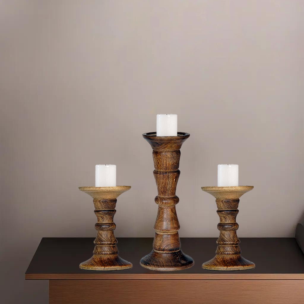 Eco-Friendly Handmade Mango Wood Pillar Candle Holder Set of 3 Medium Burnt Image 2