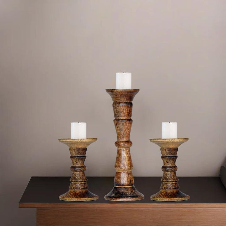 Eco-Friendly Handmade Mango Wood Pillar Candle Holder Set of 3 Medium Burnt Image 3