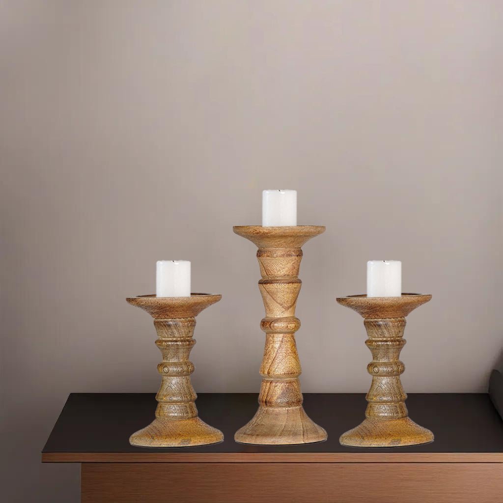 Walnut Mango Wood Set of 3 Eco-Friendly Handmade Pillar Candle Holders Image 3