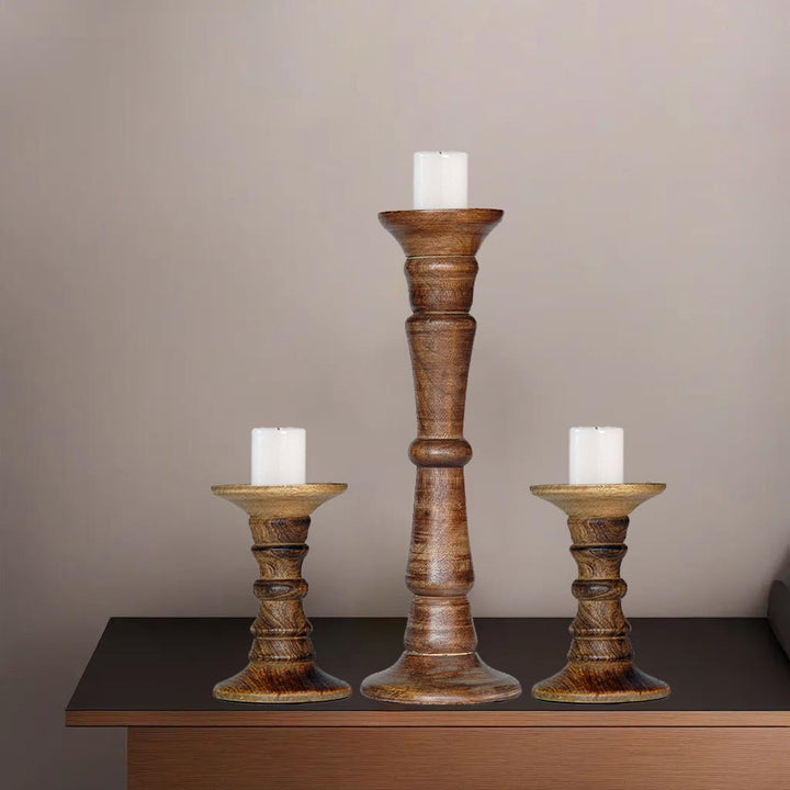 Eco-Friendly Handmade Mango Wood Pillar Candle Holder Set of 3 Medium Burnt Image 4