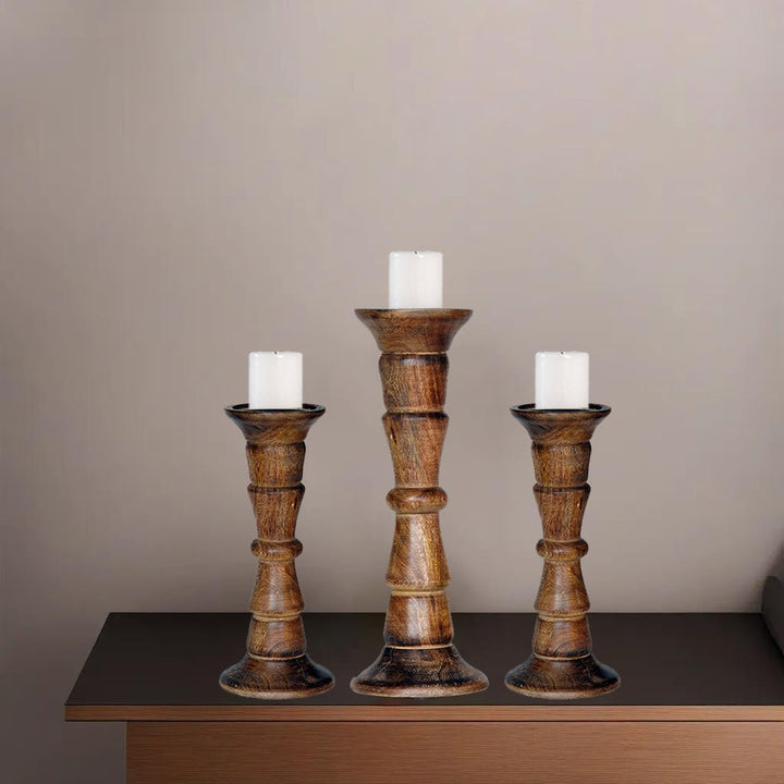 Eco-Friendly Handmade Mango Wood Pillar Candle Holder Set of 3 Medium Burnt Image 5