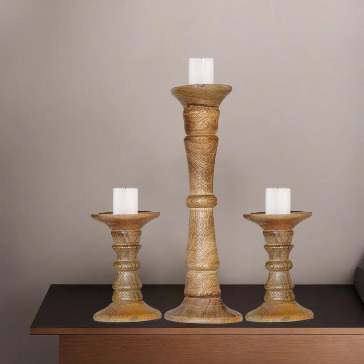 Walnut Mango Wood Set of 3 Eco-Friendly Handmade Pillar Candle Holders Image 5