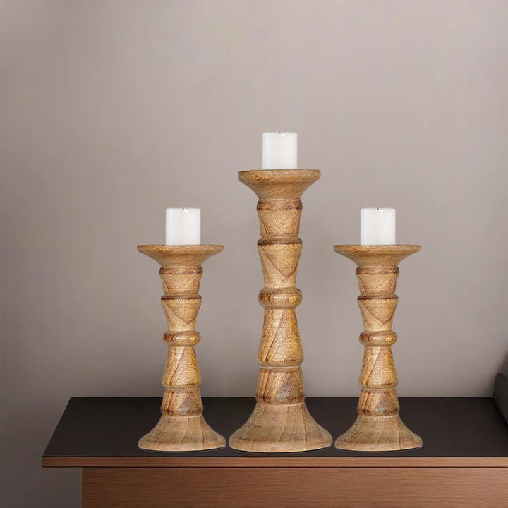 Walnut Mango Wood Set of 3 Eco-Friendly Handmade Pillar Candle Holders Image 6