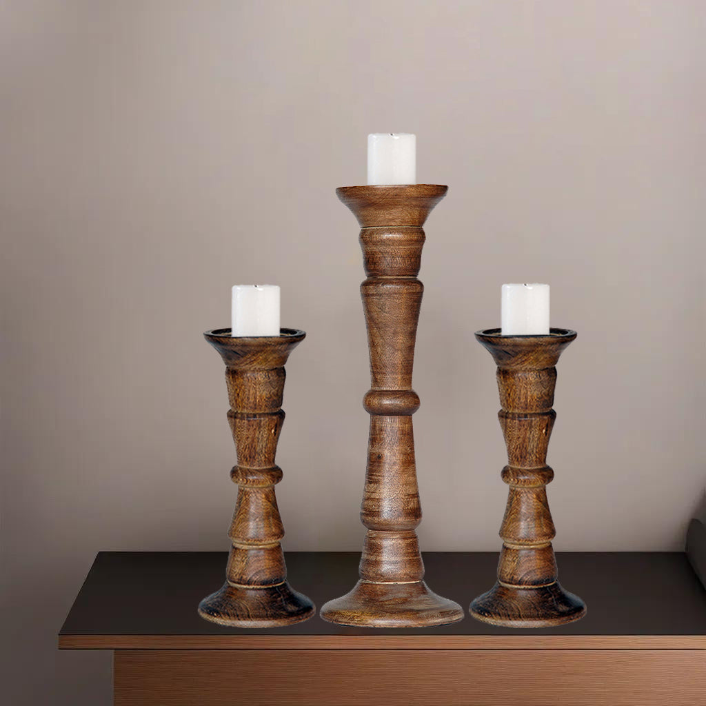 Eco-Friendly Handmade Mango Wood Pillar Candle Holder Set of 3 Medium Burnt Image 6