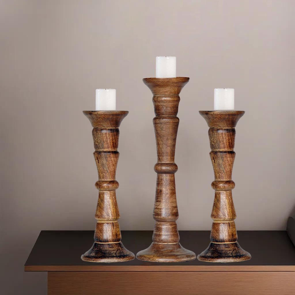 Eco-Friendly Handmade Mango Wood Pillar Candle Holder Set of 3 Medium Burnt Image 7