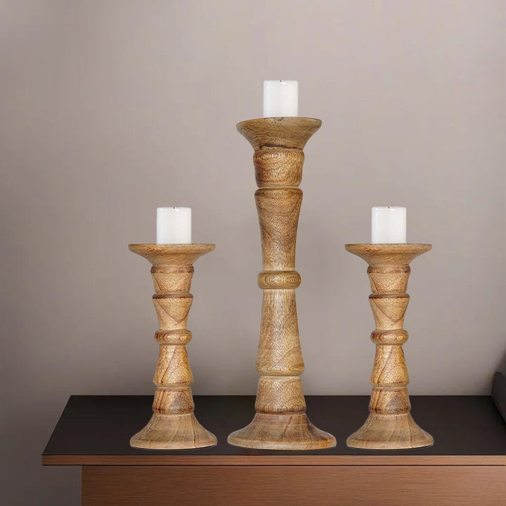 Walnut Mango Wood Set of 3 Eco-Friendly Handmade Pillar Candle Holders Image 7