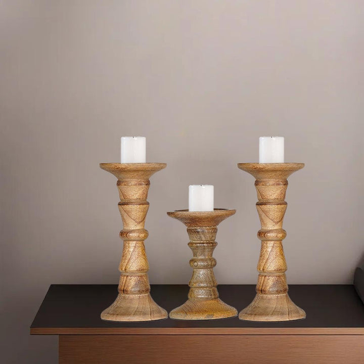 Walnut Mango Wood Set of 3 Eco-Friendly Handmade Pillar Candle Holders Image 9