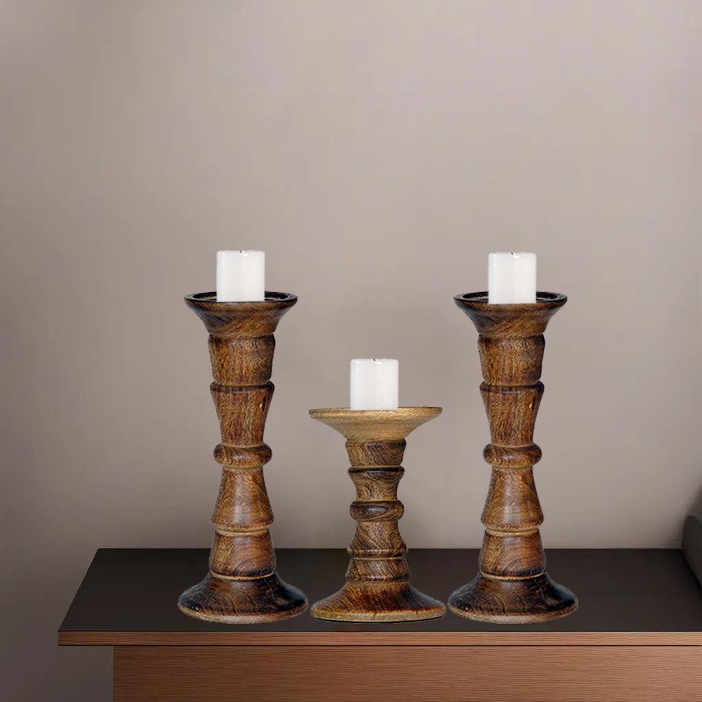 Eco-Friendly Handmade Mango Wood Pillar Candle Holder Set of 3 Medium Burnt Image 8