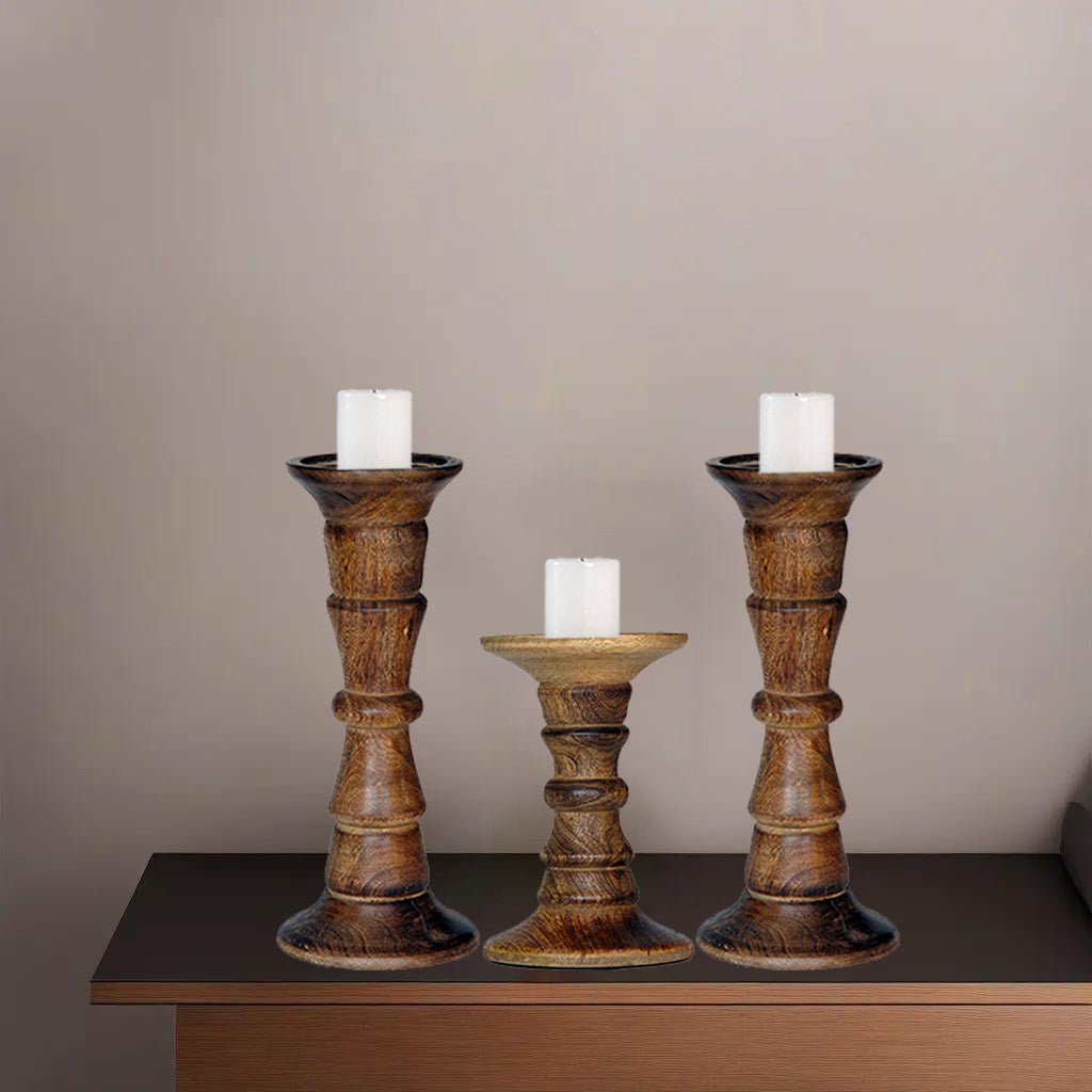 Eco-Friendly Handmade Mango Wood Pillar Candle Holder Set of 3 Medium Burnt Image 1