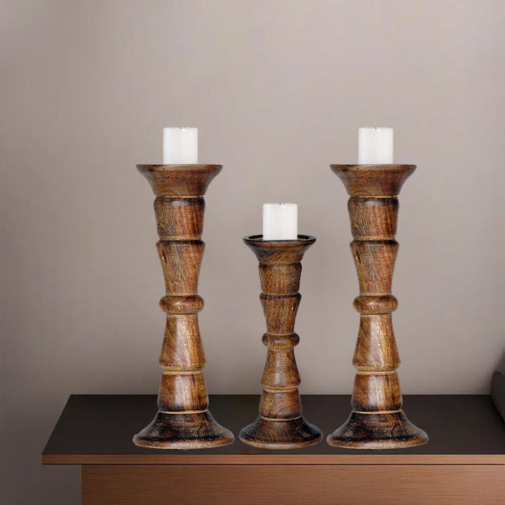 Eco-Friendly Handmade Mango Wood Pillar Candle Holder Set of 3 Medium Burnt Image 9