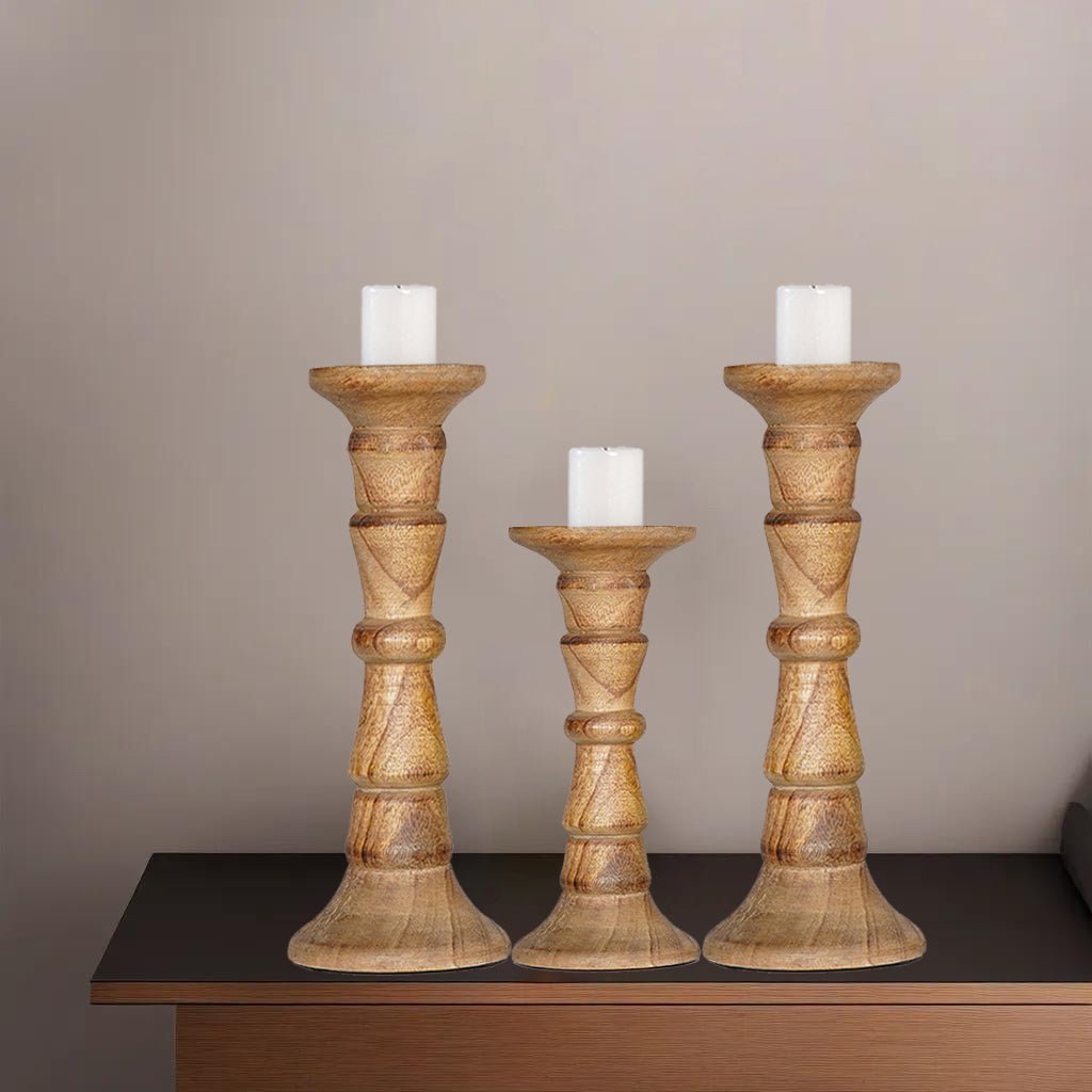 Walnut Mango Wood Set of 3 Eco-Friendly Handmade Pillar Candle Holders Image 1