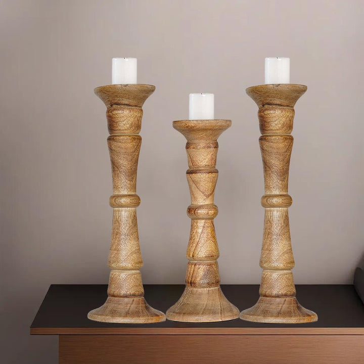 Walnut Mango Wood Set of 3 Eco-Friendly Handmade Pillar Candle Holders Image 11