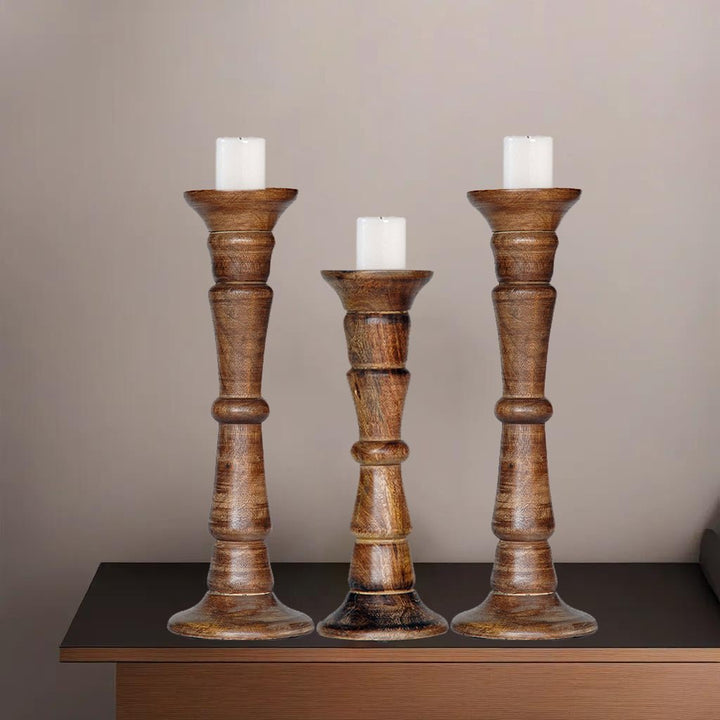 Eco-Friendly Handmade Mango Wood Pillar Candle Holder Set of 3 Medium Burnt Image 10