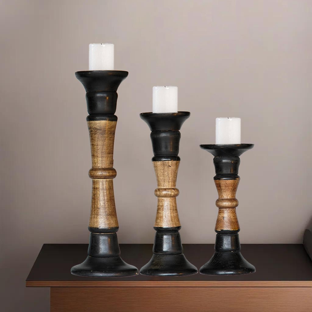 Eco-Friendly Handmade Mango Wood Dark Polish Set of 3 Pillar Candle Holders Image 1