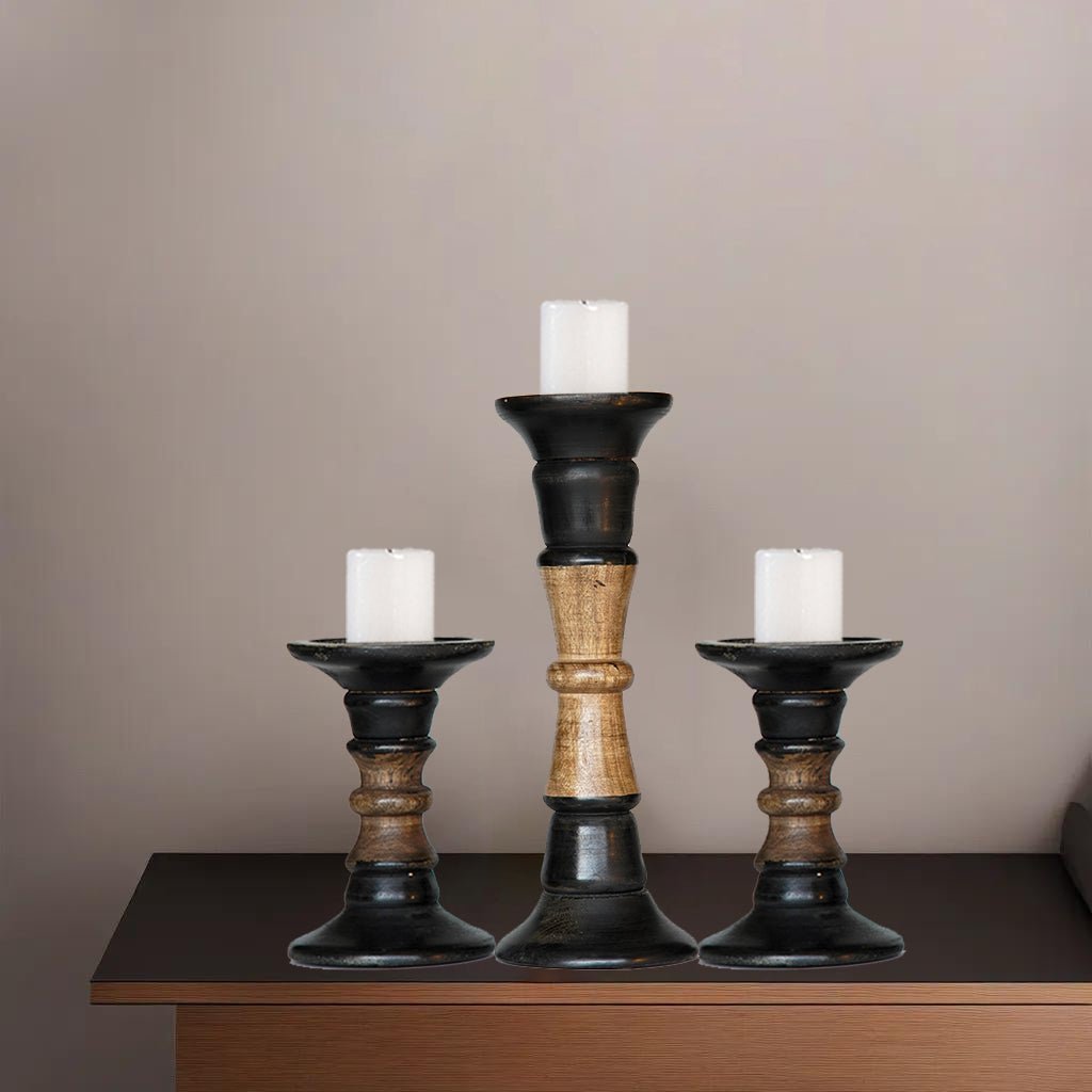 Eco-Friendly Handmade Mango Wood Dark Polish Set of 3 Pillar Candle Holders Image 3