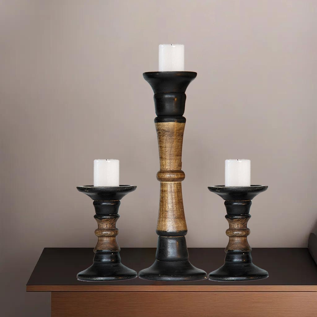 Eco-Friendly Handmade Mango Wood Dark Polish Set of 3 Pillar Candle Holders Image 4