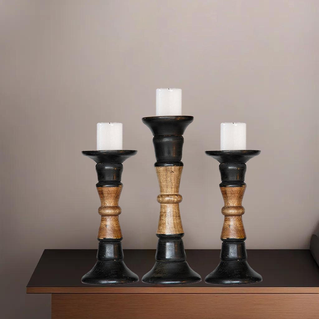 Eco-Friendly Handmade Mango Wood Dark Polish Set of 3 Pillar Candle Holders Image 5