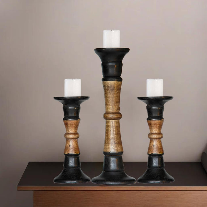 Eco-Friendly Handmade Mango Wood Dark Polish Set of 3 Pillar Candle Holders Image 6