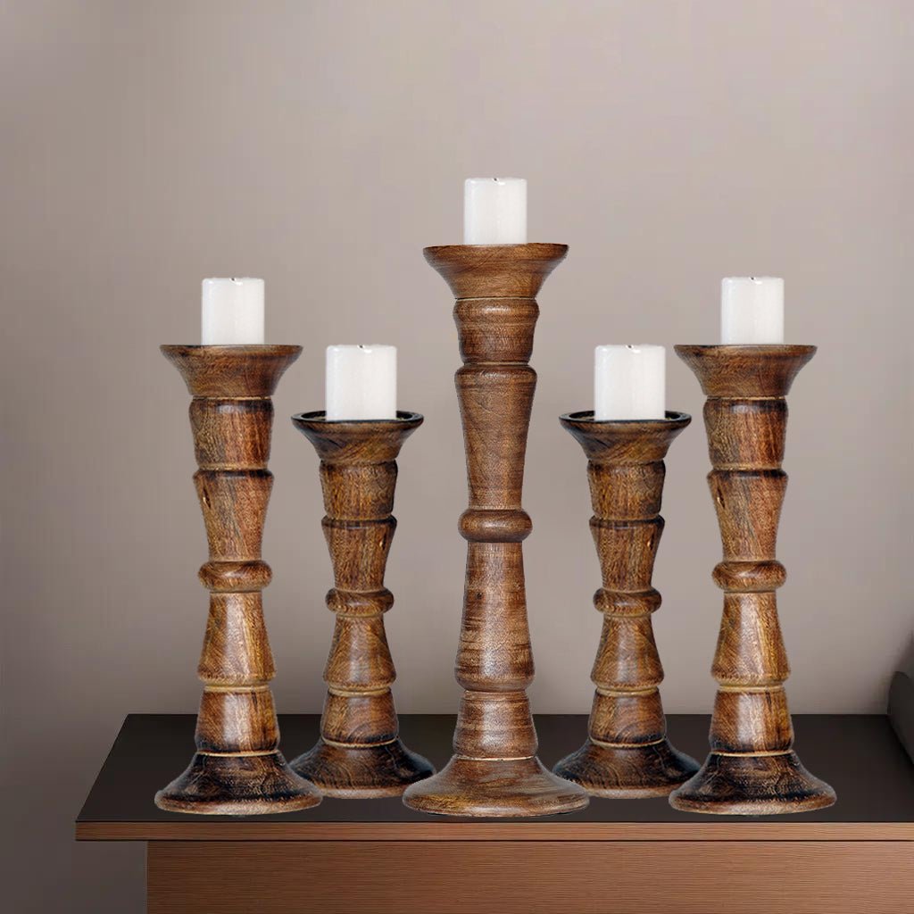 Handmade Mango Wood Pillar Candle Holder Set of 5 Medium Burnt Eco-Friendly Decor Image 6