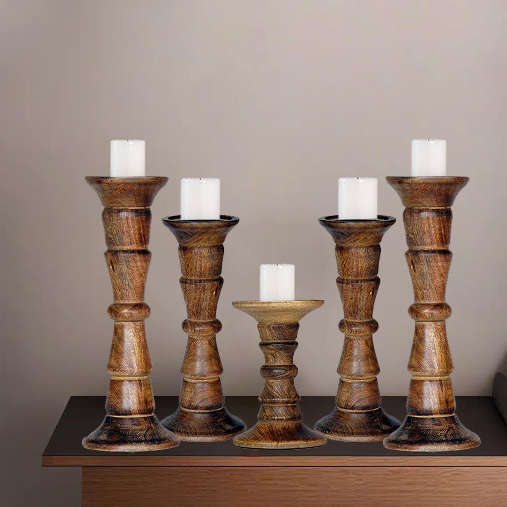 Handmade Mango Wood Pillar Candle Holder Set of 5 Medium Burnt Eco-Friendly Decor Image 7