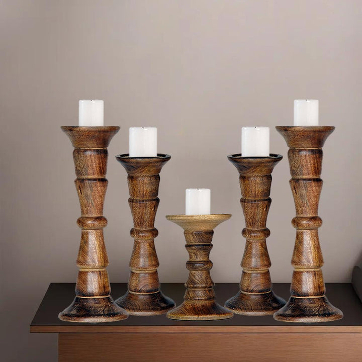 Handmade Mango Wood Pillar Candle Holder Set of 5 Medium Burnt Eco-Friendly Decor Image 7