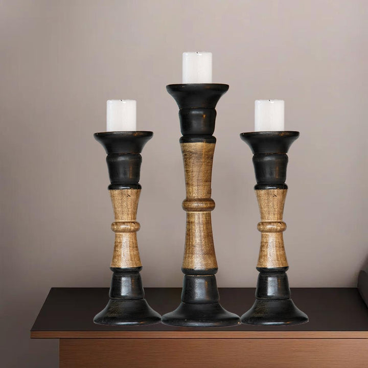 Eco-Friendly Handmade Mango Wood Dark Polish Set of 3 Pillar Candle Holders Image 7