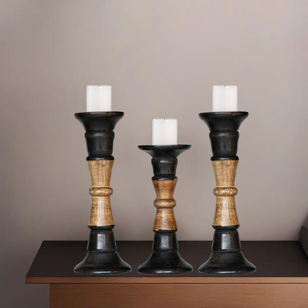 Eco-Friendly Handmade Mango Wood Dark Polish Set of 3 Pillar Candle Holders Image 9