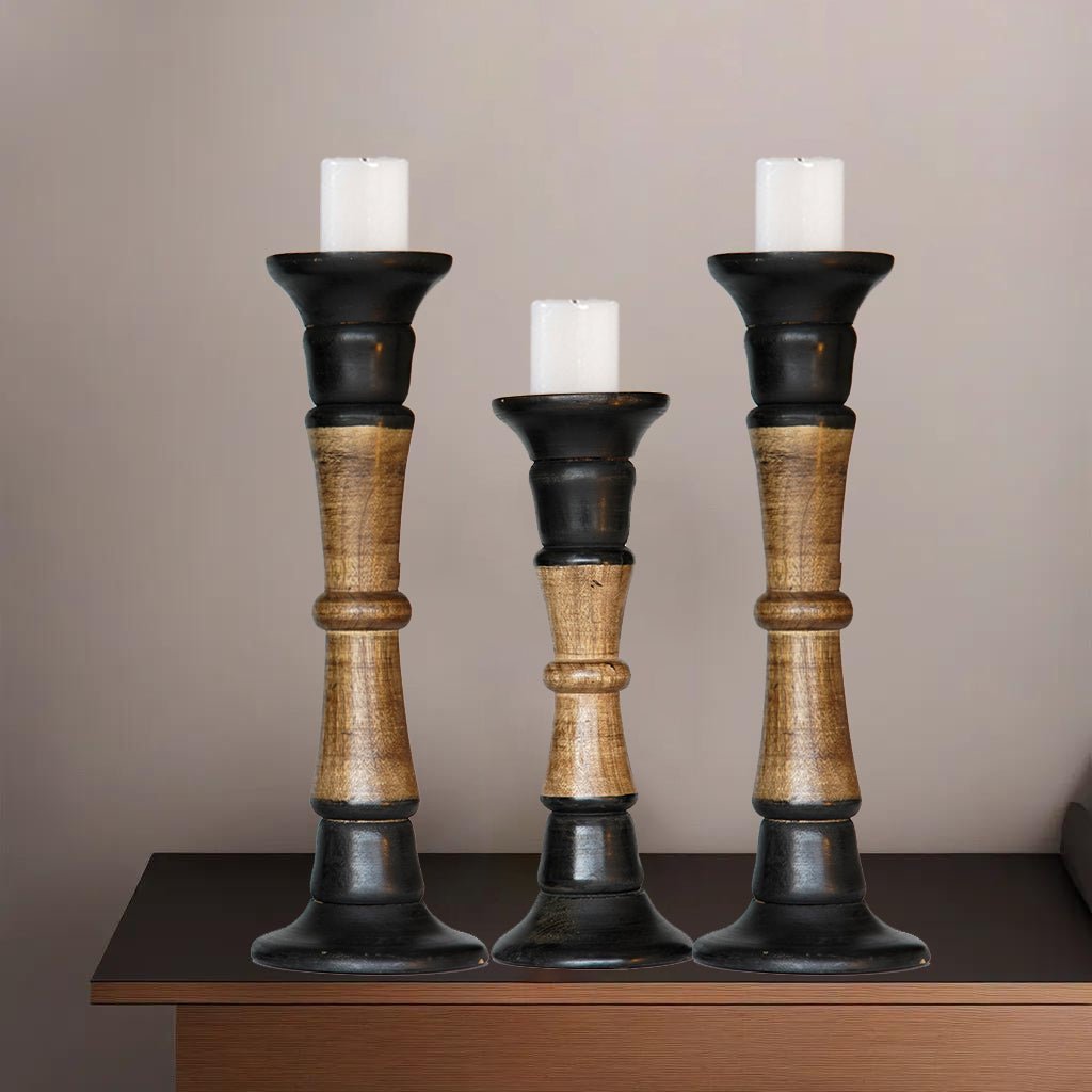 Eco-Friendly Handmade Mango Wood Dark Polish Set of 3 Pillar Candle Holders Image 10