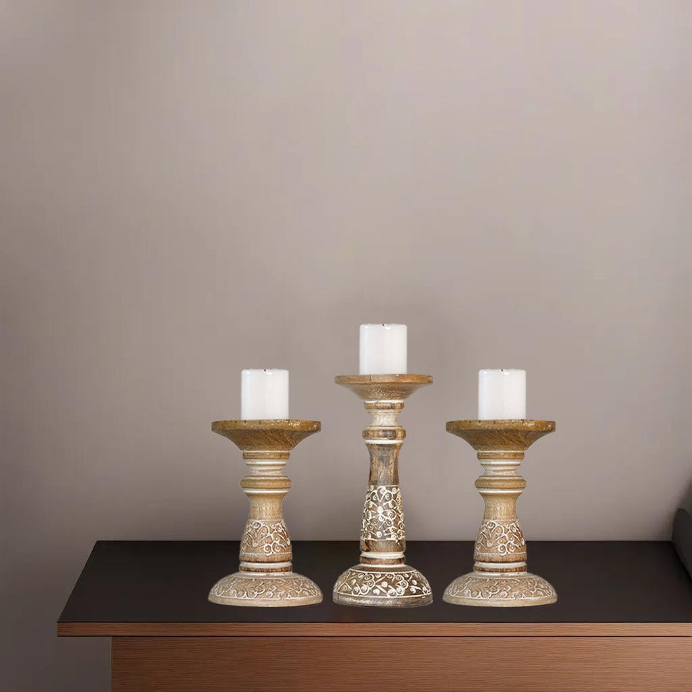 Handmade Mango Wood Pillar Candle Holder Set of 3 White Wash Eco-Friendly Image 2