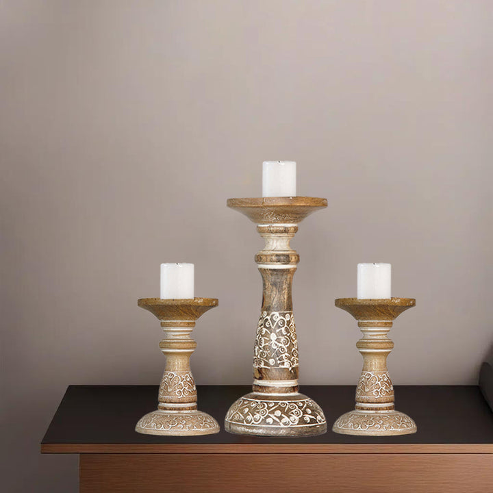 Handmade Mango Wood Pillar Candle Holder Set of 3 White Wash Eco-Friendly Image 3