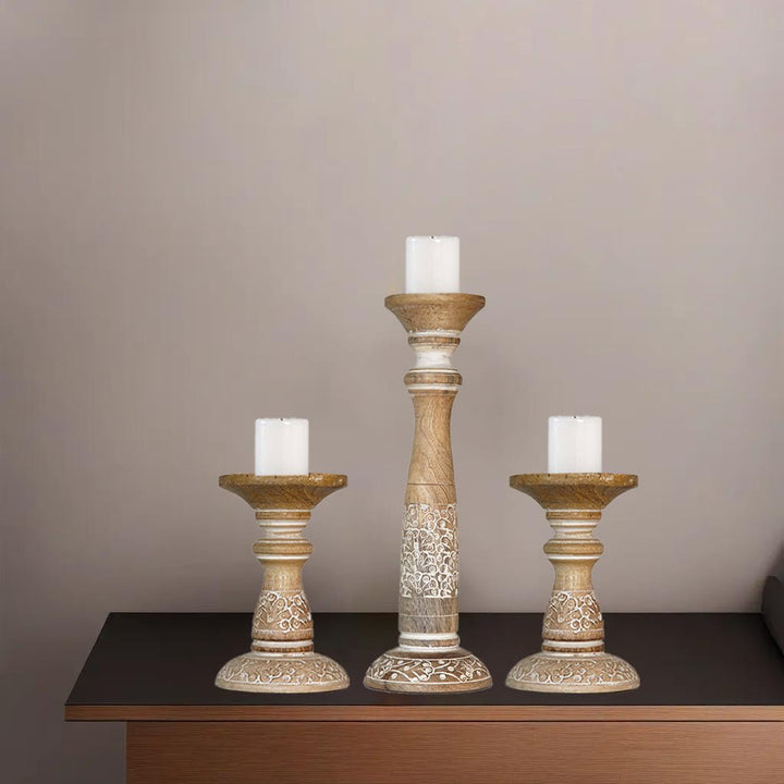 Handmade Mango Wood Pillar Candle Holder Set of 3 White Wash Eco-Friendly Image 4