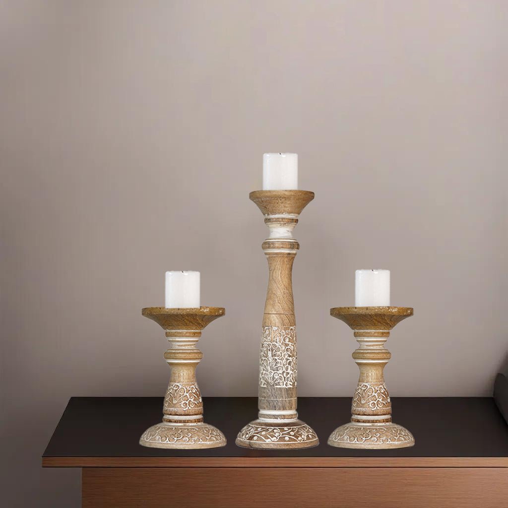 Handmade Mango Wood Pillar Candle Holder Set of 3 White Wash Eco-Friendly Image 1