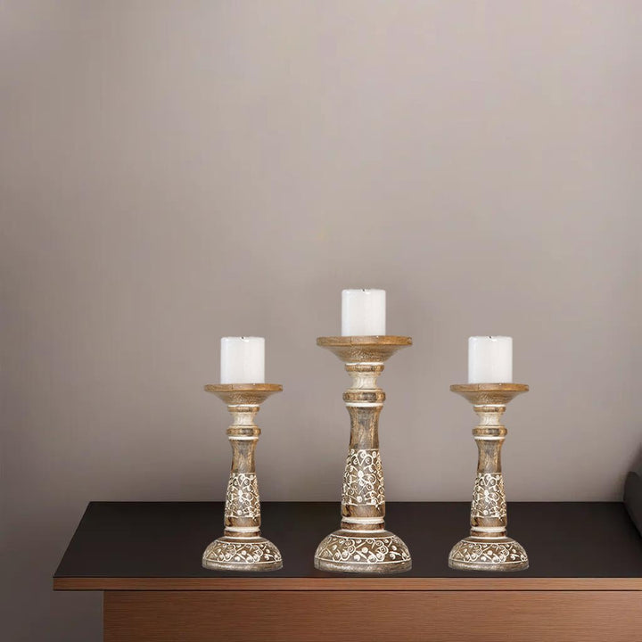 Handmade Mango Wood Pillar Candle Holder Set of 3 White Wash Eco-Friendly Image 5