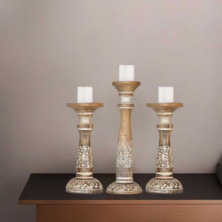 Handmade Mango Wood Pillar Candle Holder Set of 3 White Wash Eco-Friendly Image 7