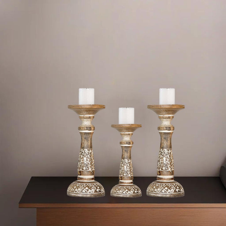 Handmade Mango Wood Pillar Candle Holder Set of 3 White Wash Eco-Friendly Image 9