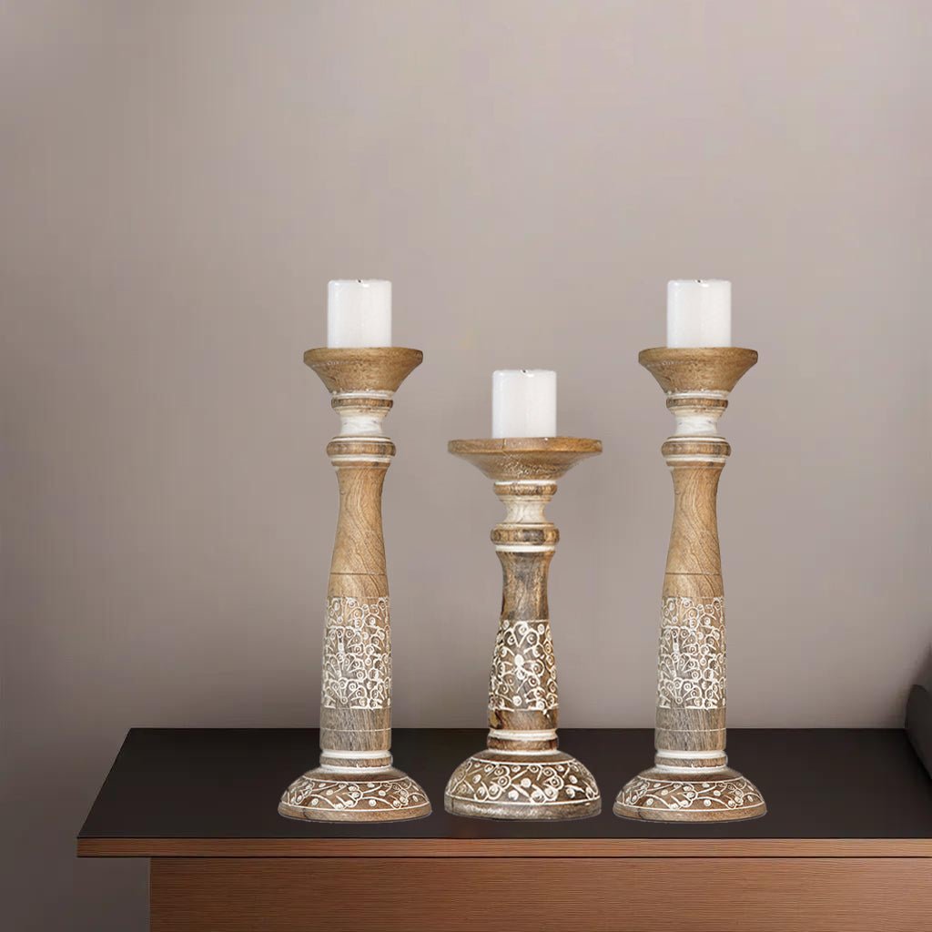 Handmade Mango Wood Pillar Candle Holder Set of 3 White Wash Eco-Friendly Image 10