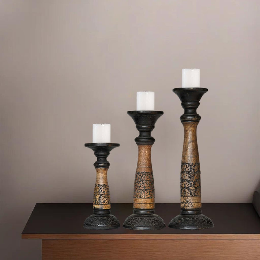 Handmade Black Wash Mango Wood Set of 3 Pillar Candle Holders Eco-Friendly Image 1