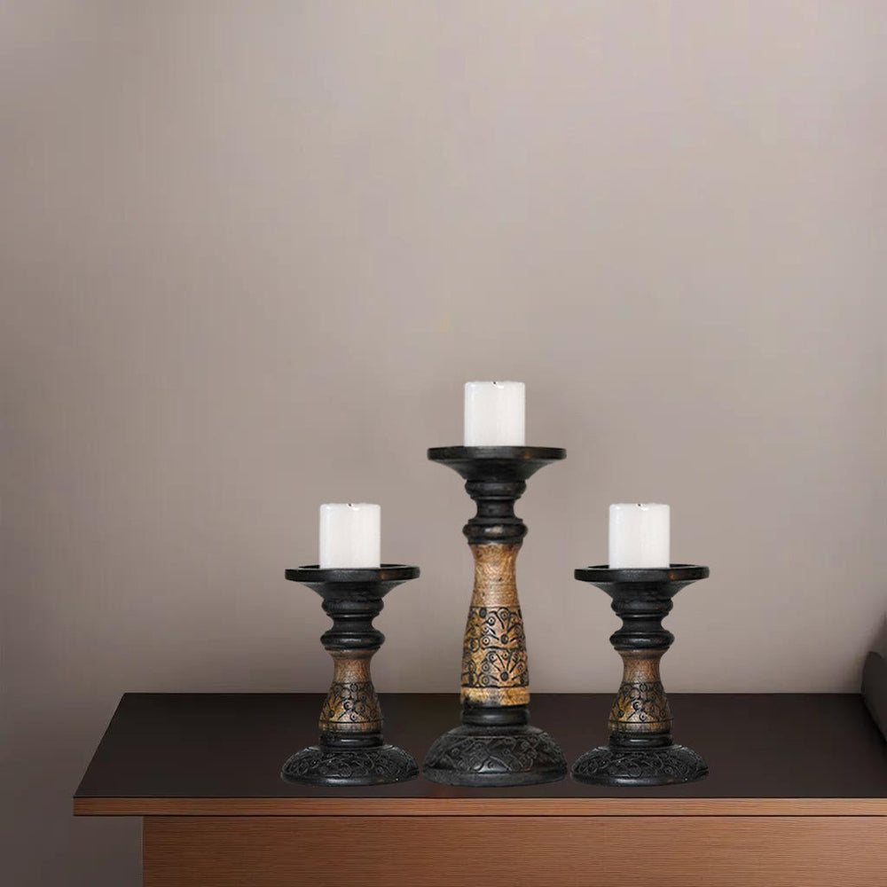 Handmade Black Wash Mango Wood Set of 3 Pillar Candle Holders Eco-Friendly Image 2