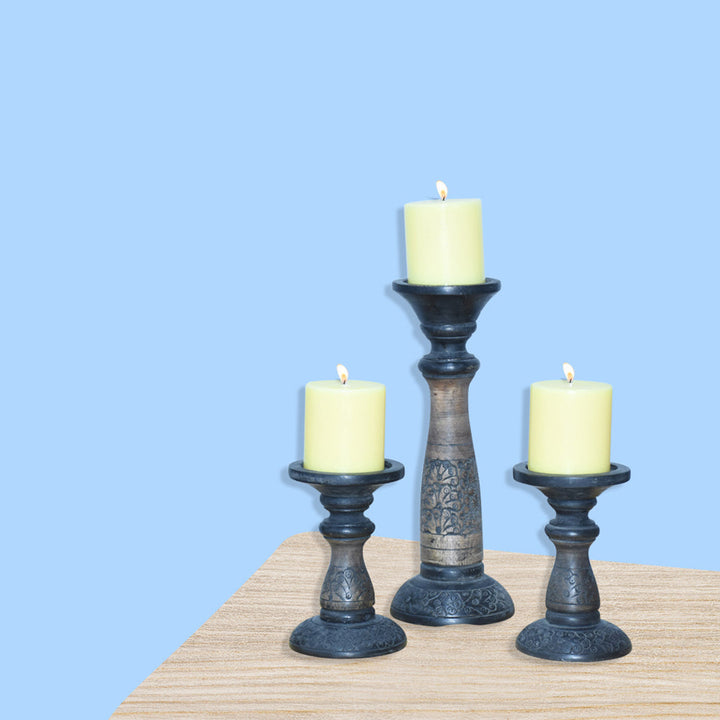 Handmade Black Wash Mango Wood Set of 3 Pillar Candle Holders Eco-Friendly Image 3