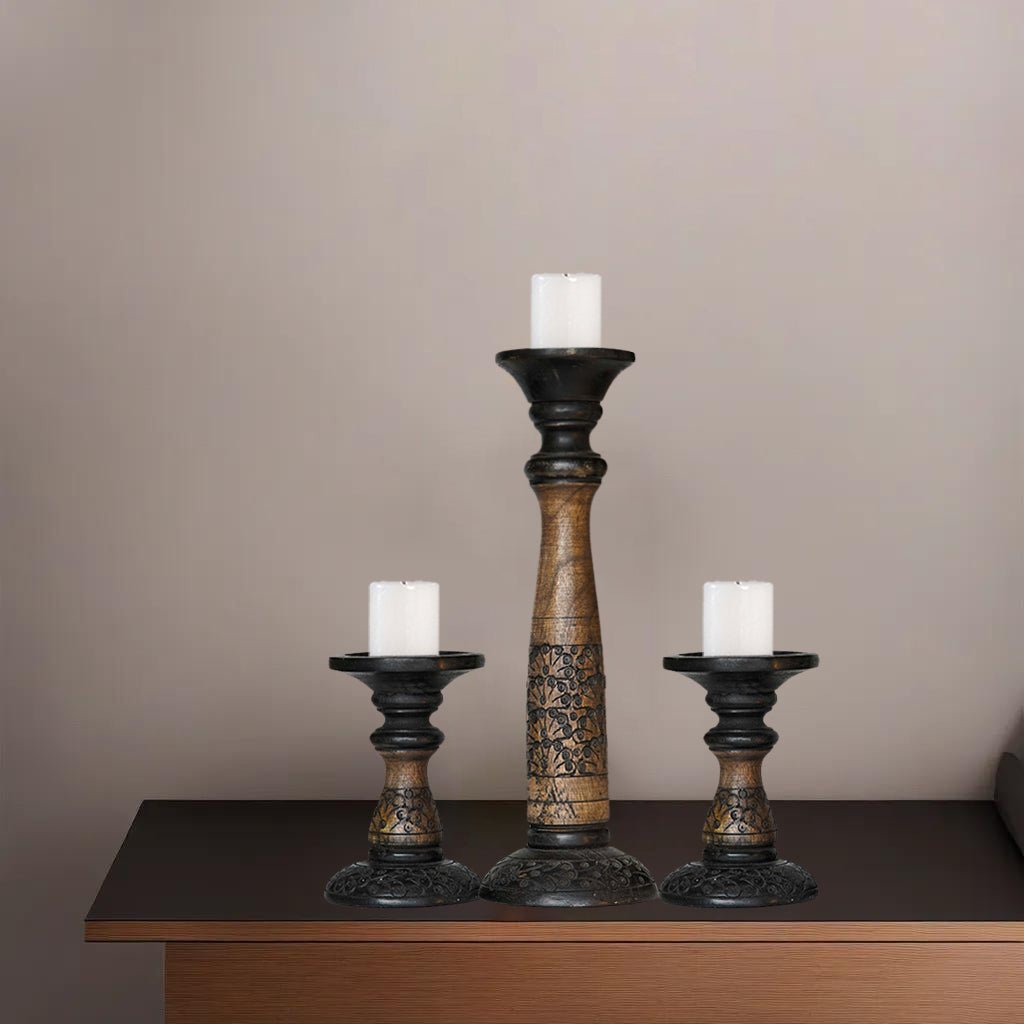 Handmade Black Wash Mango Wood Set of 3 Pillar Candle Holders Eco-Friendly Image 4