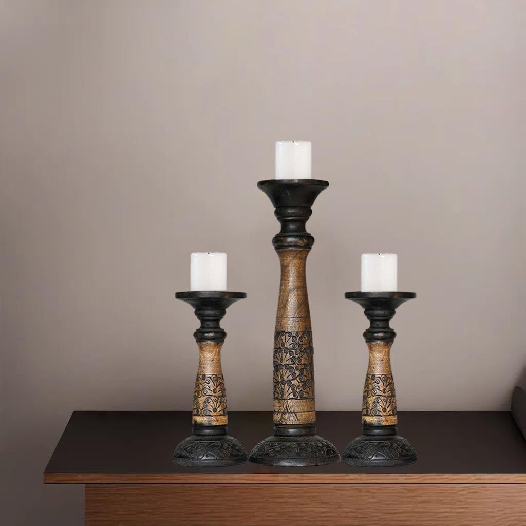 Handmade Black Wash Mango Wood Set of 3 Pillar Candle Holders Eco-Friendly Image 6