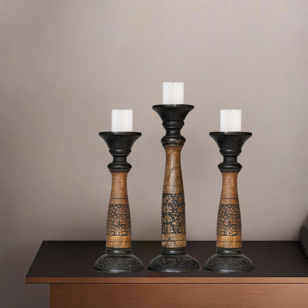 Handmade Black Wash Mango Wood Set of 3 Pillar Candle Holders Eco-Friendly Image 7